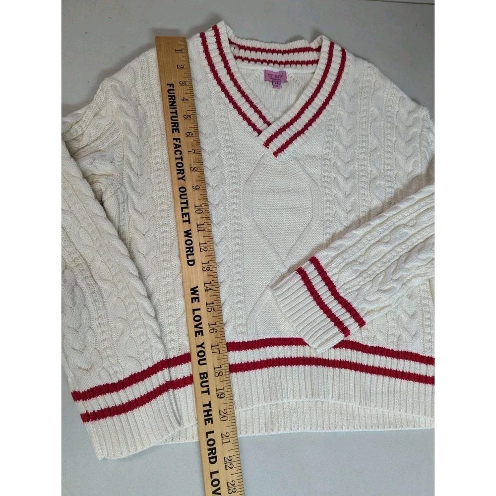 mi ami for francesca's V-Neck Cable Knit Sweater Red & Cream Varsity XS - Picture 5 of 11